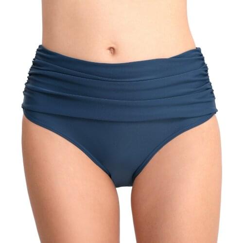 Women Vintage High Waist Stretchy Pleated Bikini Bottom Stylish Two Piece Separate Shorts Sexy Triangular Blue/Black Size M,L,XL