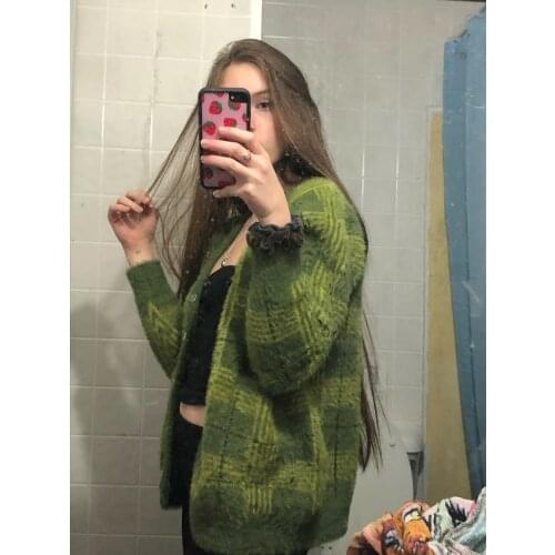 Vintage Synthetic Mink Cashmere Sweater Women Harajuku Lazy Style Ladies V-Neck Button Up Cropped Fuzzy Plaid Cardigan Knitted