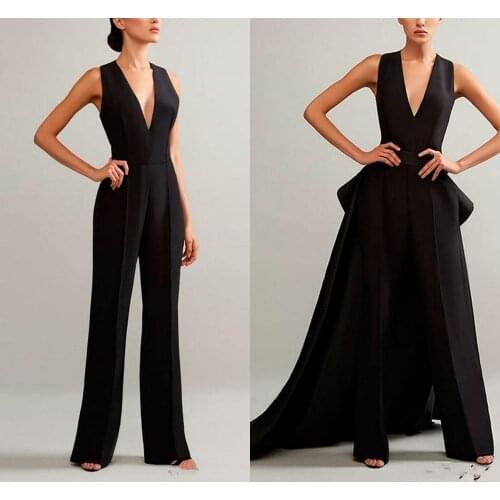 2020 Black Evening Jumpsuits With Detachable Skirt V Neck Prom Dress ruffles peplum Cheap Plus Women Formal Pant suit