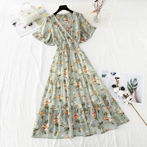 2021 New summer Floral-Print Chiffon Dress Womens French Vintage Short sleeve V-neck Boho Casual long Dress Vestidos