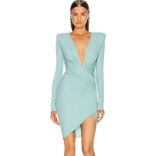 2020 Women Sexy V Neck Sky Blue Party Dress Elegant Night Club Prom Celebrity Bodycon Party Dress Vestido