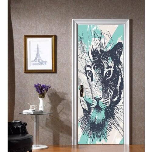 77x200cm Creative Animal Sketching tiger Door Stickers Painting Wallpaper Poster Wall Sticker Bedroom Living Room Home Decor