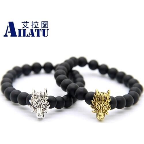 Ailatu Wholesale 10pcs Men Jewelry 8mm Round Matte Onyx Stone Beads with Plated Alloy Wolf Bracelets