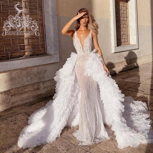 Glitter Beading Mermaid Wedding Dresses With Detechable Lush Tulle Train Luxury Diamond Sleeveless Bridal Gowns Custom Made