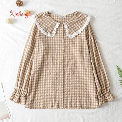 Plus size Lace Turn-down Collar Plaid cotton women loose blouse 2020 NEW spring autumn casual ladies Flare Sleeve shirts female
