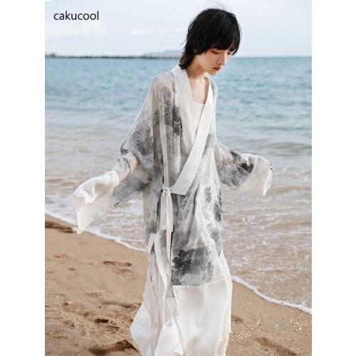 Cakucool cool fashion design long sleeve loose print stitching Satin Chiffon long cardigan coat retro cross collar Hanfu