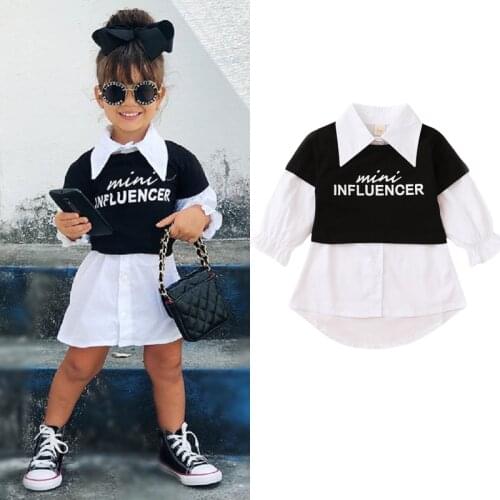 Citgeett Autumn 12M-5Y Kids Baby Girls 2Pcs Set Long Sleeve Lapel Collar Shirt+Black Letter Print T-Shirt Spring Set