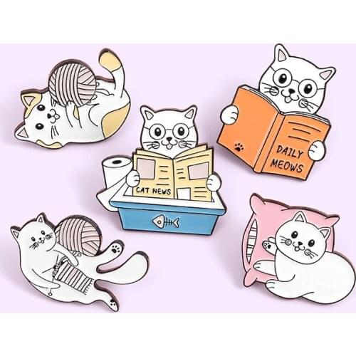 Cat Reading Book Enamel Pin Cute Animal Play Ball Brooch Bag Clothes Lapel Pin Sasha Away Badge Cartoon Jewelry Gift For Kids
