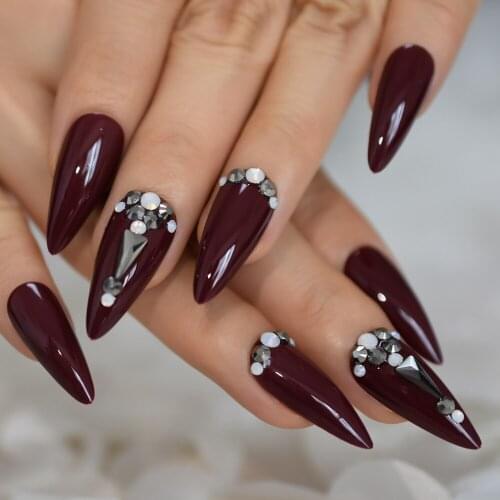 Glossy Burgundy Brown Red 24Pcs Stiletto Shape Fake Nails 3D Rhinestones Pointed Ladies Press On Pre Designed False Nail Tips