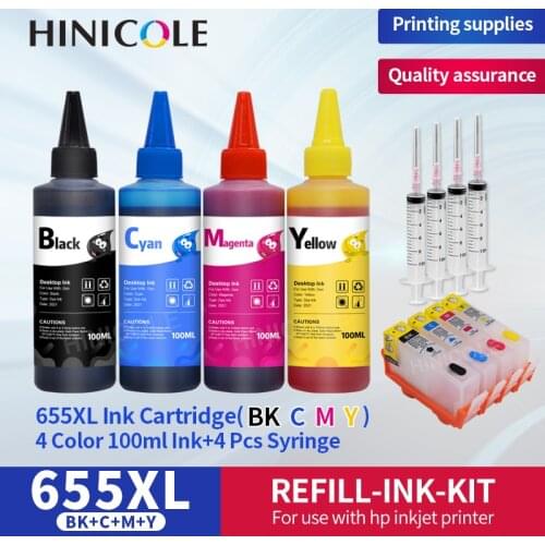 Hinicole 655XL Compatible for HP 655 Refillable ink Cartridge Deskjet ink advantage 4625 4615 3525 5525 + 4 Bottle Printer Ink