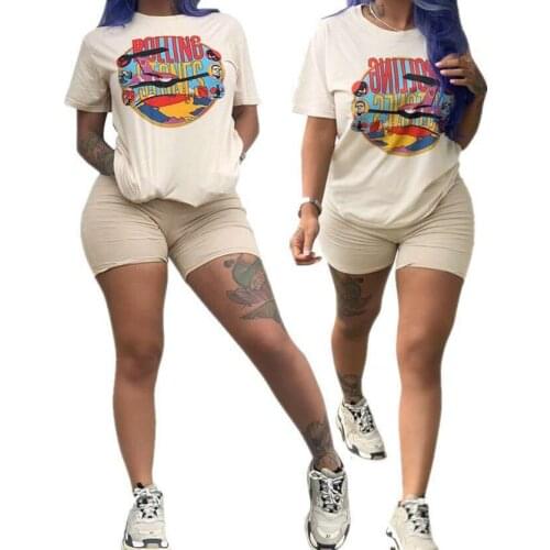 Hitmebox Women Round Neck Letter Printed Short Sleeve Casual Fit Pullover T shirt + Straight Short Pant Sports Suits Actives Set