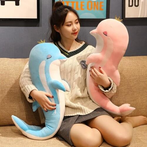 Kawaii toy cute animal dolphin plush pillow soft stuffed dolphin wear imperial crown doll lovely dolphin pillow birthday gift