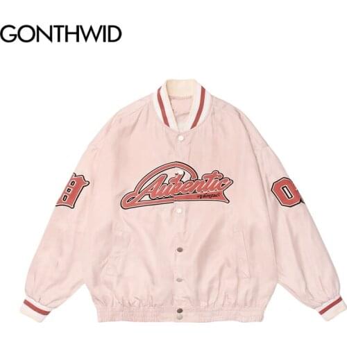 GONTHWID Harajuku Streetwear Jackets Embroidery Letter Stripe Baseball Bomber Coats Hip Hop Casual Loose Fashion Tops Outerwear