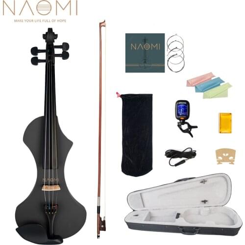 NAOMI Matte Black Electric 4/4 Violin Set w/ Brazilwood Bow+Violin Case+ Strings+Tuner+Rosin+Maple Bridge+Nylon Protect Bag