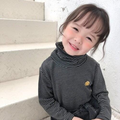 Autumn and winter girls T-shirt Korean 2019 childrens clothing smiley striped high-necked childrens shirt shirt long sleeve