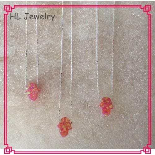 30PCS/Lot 8*10MM OP07 Tiny Hamsa Opal Necklace 925 Sterling Silver Opal Hamsa Hand Necklace