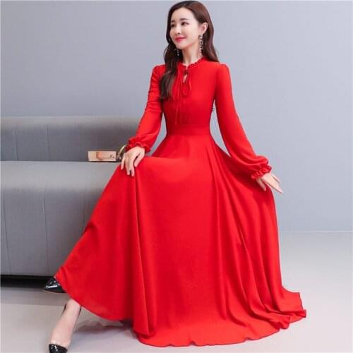2020 New Autumn Long-sleeved Chiffon Solid Color Dress Bohemian Slim Elegant Long Dress Maxi Fashion Ruffle Beach Dresses k1184