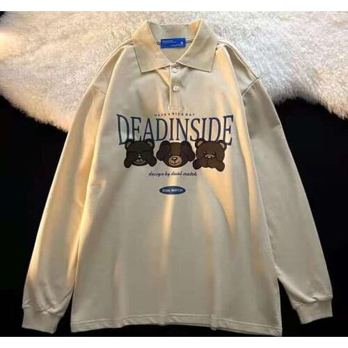 Cartoon Bear Graphic Print Polo Collar Oversized Sweatshirt Women Long Sleeve Kawaii Casual Fashion Harajuku Hoodie Thin Autumn