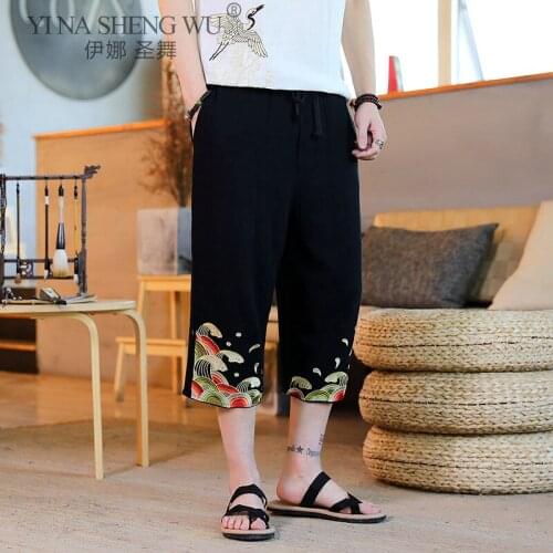 Japanese Kimono Traditional Casual Loose Male Embroidery Pants Mens Asian Clothing Bath Pant Japan Style Trousers Cropped Pants