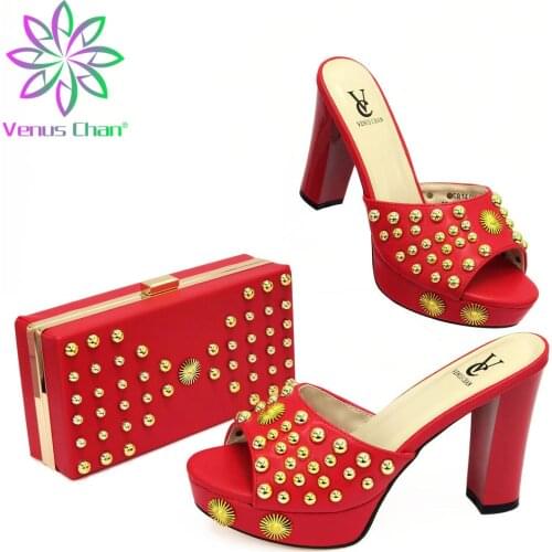 Comfortable 10.3CM Heels African Women Matching Shoes and Bag Set 2021 Slippers The Red Color High Quality Pumps for Dress
