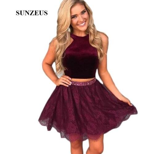 Wine Red Velvet Short Homecoming Dresses Lace Skirt with Beaded Sequins Two Pieces Cute Graduation Dresses vestidos curtos SHD08