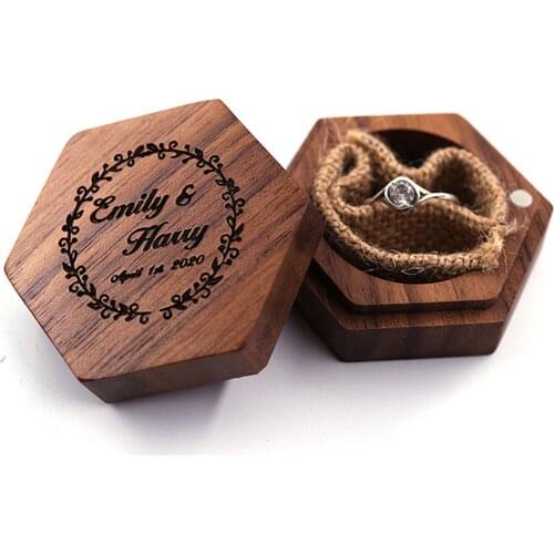 Vintage Personalized Custom Name Pattern Date Wedding Engraved Solid Wood Ring Box Rustic Customized Holder Jewelry Bearer Boxes