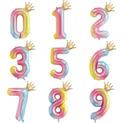 2PCS 32inch rainbow number balloons with gold crown wedding party foil digital balloon birthday party decorations kids globos
