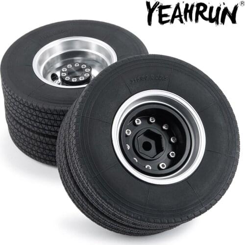 YEAHRUN 2Pcs Metal Rear Wheel Hub Rims with 4Pcs 22mm Width Black Rubber Tires for 1/14 Tamiya RC Trailer Tractor Truck Car Part