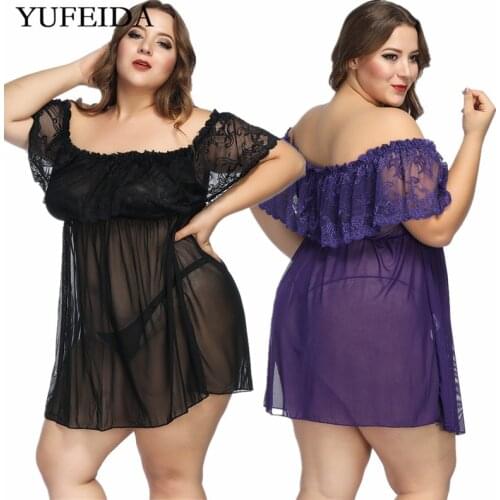 6XL Sexy Women Lingerie Nightgown Hot Erotic Lace Night Dress Perspective Pijama Ladies Sexy Nightwear with Thong Sleepwear Set