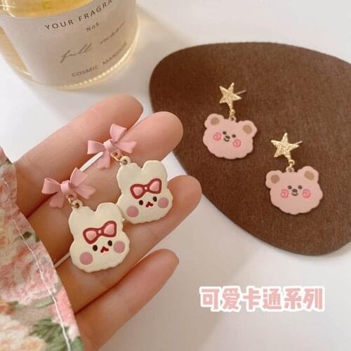 2021 Fashion Jewelry Gold Plated Sweet Cute Pink Bow Rabbit Star Bear Earrings Pendientes Mujer Korean Stud Earrings For Women