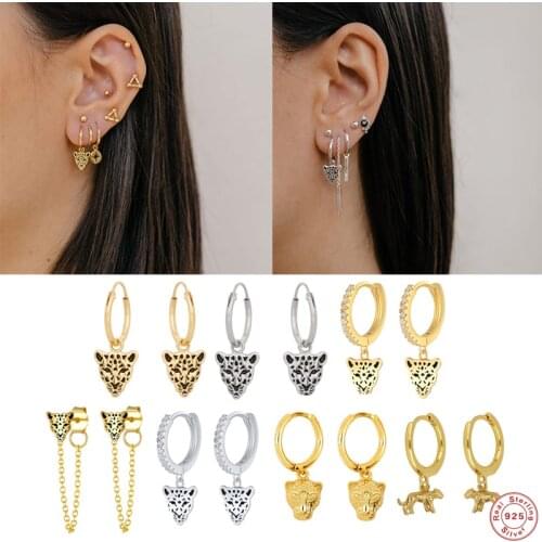 Aide 925 Sterling Silver Leopard Pendant Dangle Earrings For Women Panther Head Charm Drop Earrings Zircon Hoops Punk Jewelry