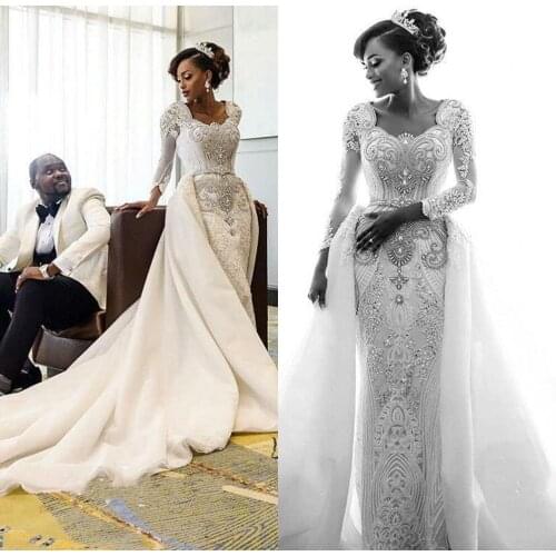 Gorgeous Long Sleeve Crystal Beads Bridal Gowns 2022 Mermaid Wedding Dresses With Detachable Overskirt Lace Bridal Gowns Custom