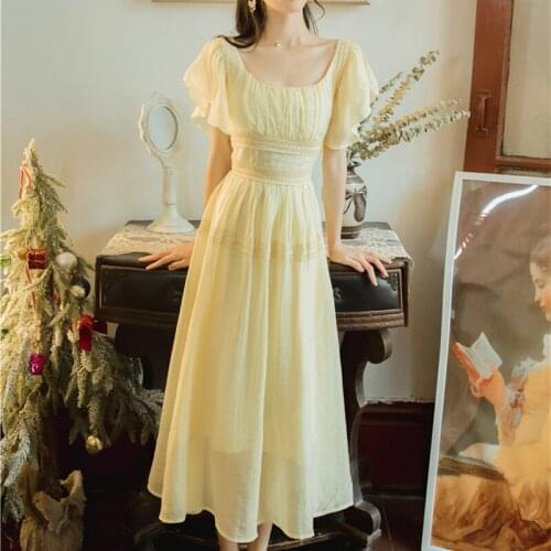 Summer Lotus Leaf Sleeve Gentle Temperament Fairy Dress Women 2021 Square Neck Elegant High Waist Chiffon Vestido Female