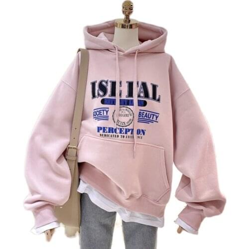 Winter Womens Clothes Plus Velvet Keep Warm Women Hoodies Sweatshirt Harajuku Korean Casual Letter Fake Two Pullover Female