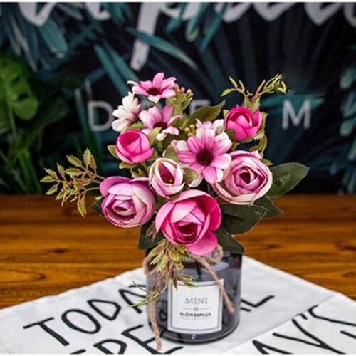 12 Pink Fake Tea Rose Silk Flower Gerbera Daisy Artificial Plastic Flower Wedding Home Decoration DIY Furnishing Living Room Dec