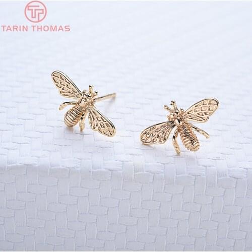 6PCS 9x14MM 24K Gold Color Plated Brass Bee Stud Earrings High Quality DIY Jewelry Making Findings