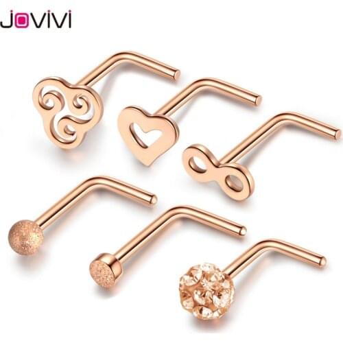 JOVIVI 6pcs Stainless Steel 20G Nose Ring Studs Bone Nostril Pin L Shape Bar Body Piercings Jewelry Gold/Rose Gold/Silver Color