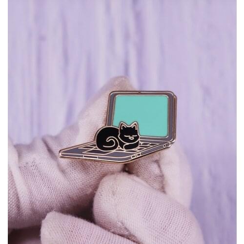 Cat Sleeping On Laptop Pin Glow in the Dark Brooch Funny Novelty Cartoon Badge Jewelry