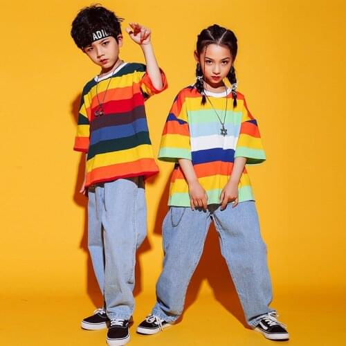 Kids Jazz Hip Hop Costume Rainbow Rave Street Wear Teen Hip Hop Sweatshirt Jazz Clothes Practice Wear Dancing Costumes SL3187