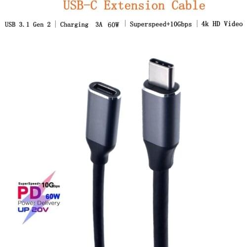 HD 4K 3A Type-C Extension Cable Male to Female PD 60W USB-C Charging Cable Extender Cord Wire For Macbook Nintendo Switch Laptop