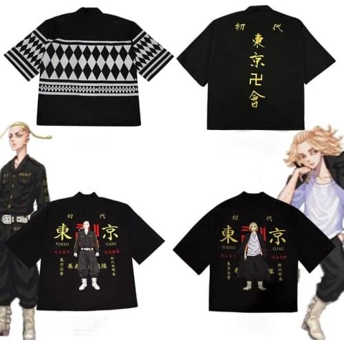 Tokyo Revengers Cosplay Cloak Anime Black White Top for Summer Hanagaki Takemichi Ken Ryuguji Haori Kimono Tee Men Short-sleeve