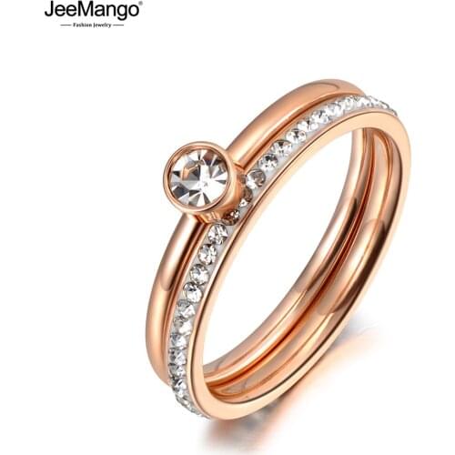 JeeMango Trendy 3 In 1 Rose Gold Cubic Zirconia Rings Jewelry Titanium Stainless Steel Wedding Engagement Ring For Women JR19065