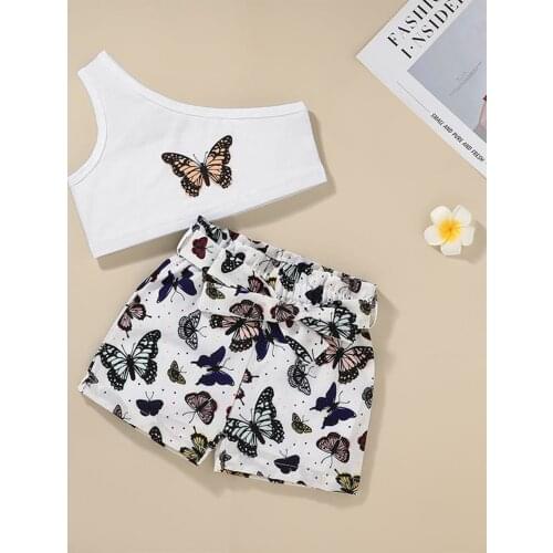 2 Pieces Kids Girl Clothes Set Summer Butterfly Print One Shoulder Sleeveless Crop Tops+ Shorts with Belt