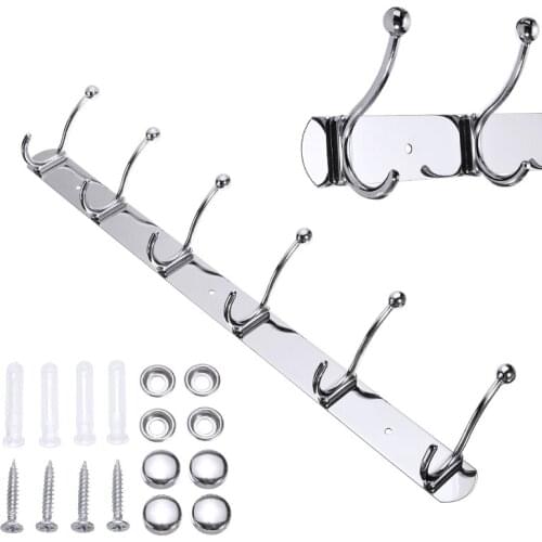 1Pcs 6 Hooks Stainless Steel Coat Clothes Holder Wall-mounted Scarves Towels Keys Hooks Kitchen Bedroom Storage Hook