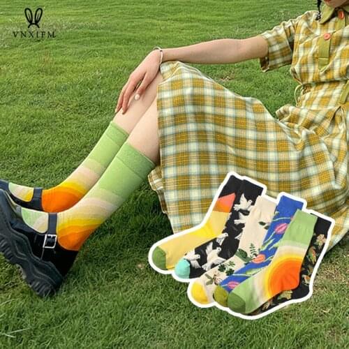 Pure cotton tube socks for men and women wear cartoon couple socks ins trendy creative illustrations retro trendy mens stocking