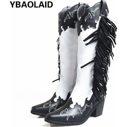 2021 Autumn and Winter New First Layer Cowhide Pointed Toe Stitching Tassel Side Zipper Thick High-heeled Mid-tube Western Boots