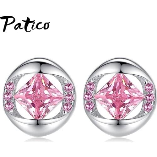 New 925 Sterling Silver Fashion Concise White Pink Stud Earrings For Women Cubic Zirconia Piercing Wedding Jewelry Gifts