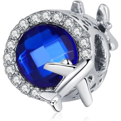 New Original Alloy Bead Blue CZ Plane Travel Charm Fit Pandora Bracelet Bangle DIY Women Jewelry Dropship