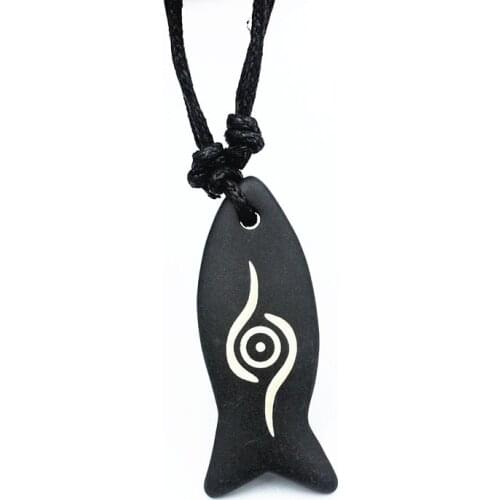 1PC Yak Bone Carved Eye of Wisdom Fish Pendant Necklace Resin Cute Fish Charms Wax Rope Jewelry XL64