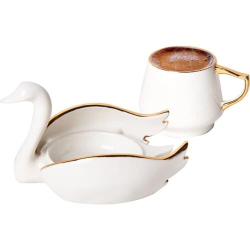 Roe Swan Turkish Coffee Cup Set 6 Person Arabic Greek Coffee Set Expresso 6 Cups 6 Swan Plates